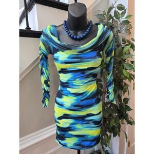 Club L Bodycon Dress 10 Tie Dye Stretch Bardot Neck Ruched Long Sleeve Party